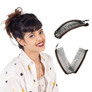 white woman with black and brown cord banana comb