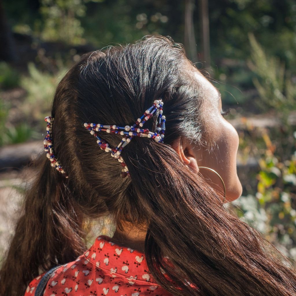 HairZing Double Cross Red White and Blue Pigtails